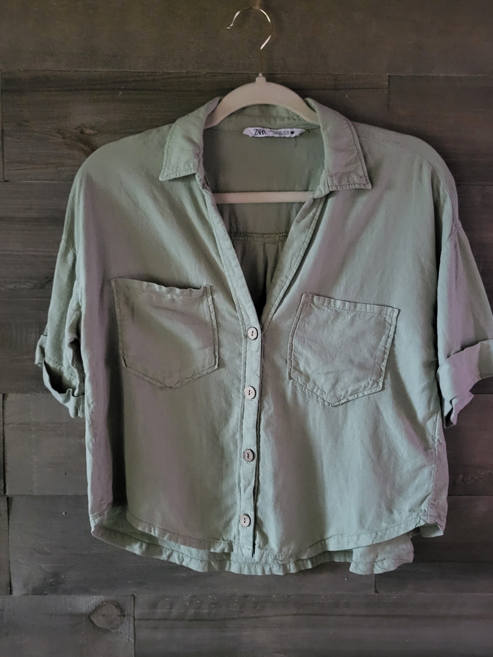 Zara Women's Sage Green Button-Front Shirt, Casual Chic, Earth Tone Neutral XS